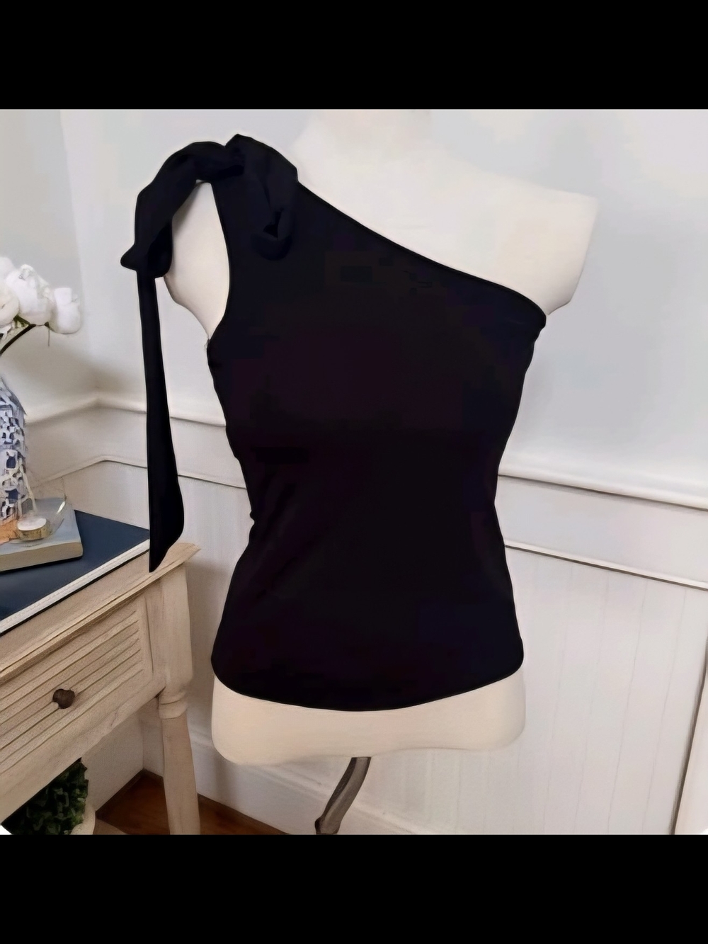See You Monday Black One-Shoulder Tie-Sleeve Tank